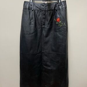 Vintage Harve Benard Black Leather Pencil Skirt with Rose Detail